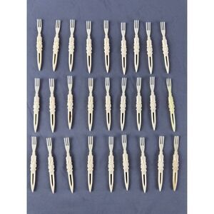 VTG Plastic Cocktail Forks Set Lot 27 Ornate Mid Century Appetizer Picks Ivory